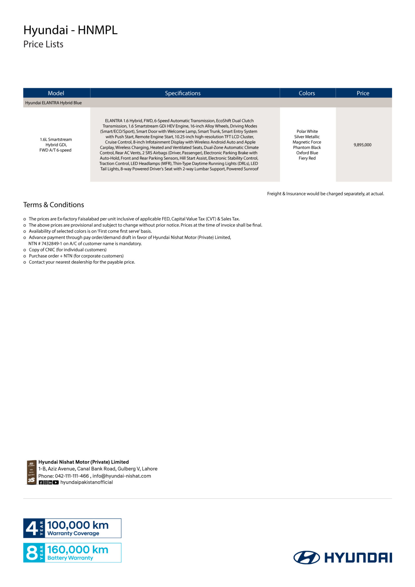 ELANTRA HYBRID Price List