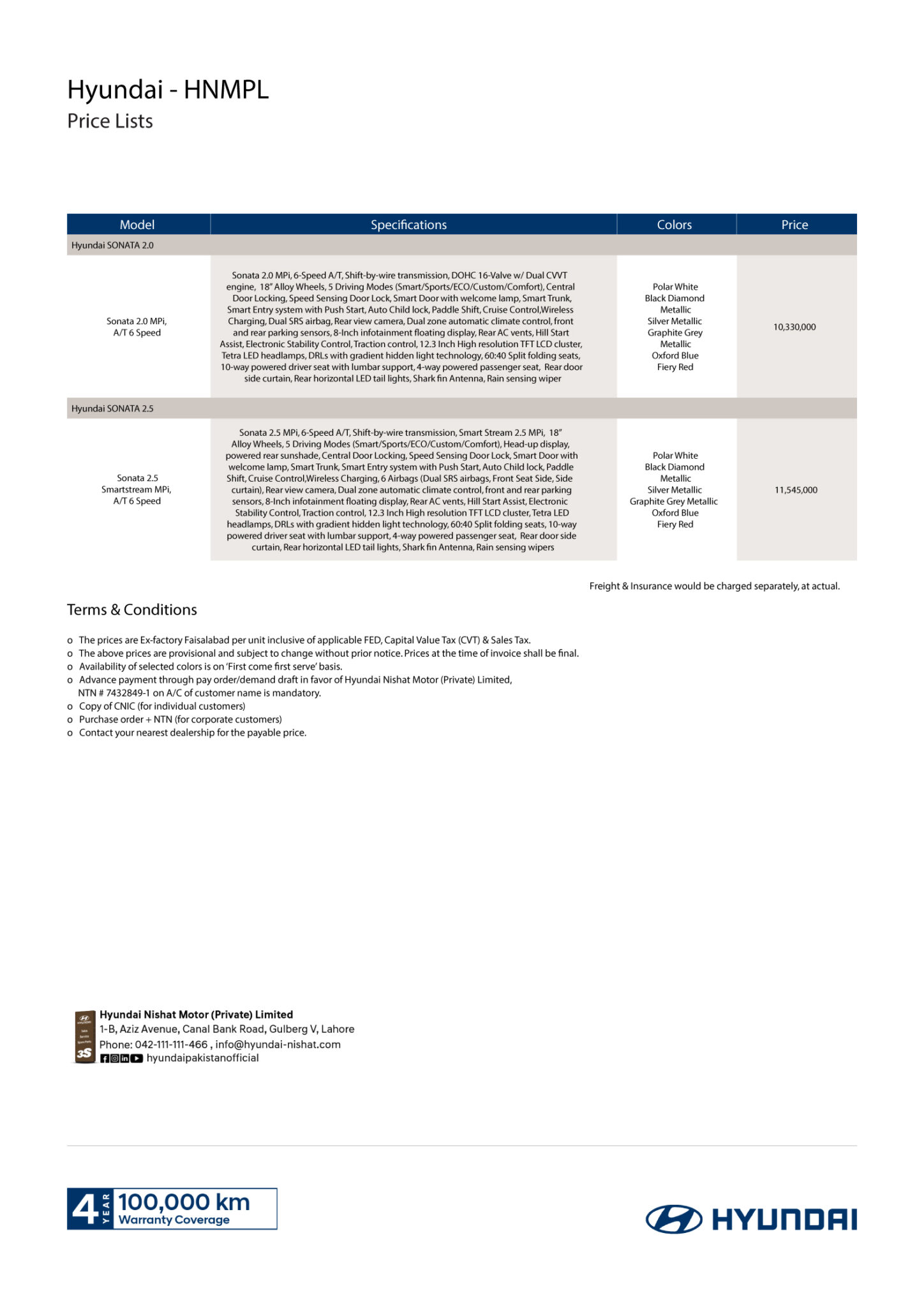 SONATA 2.0 Price List
