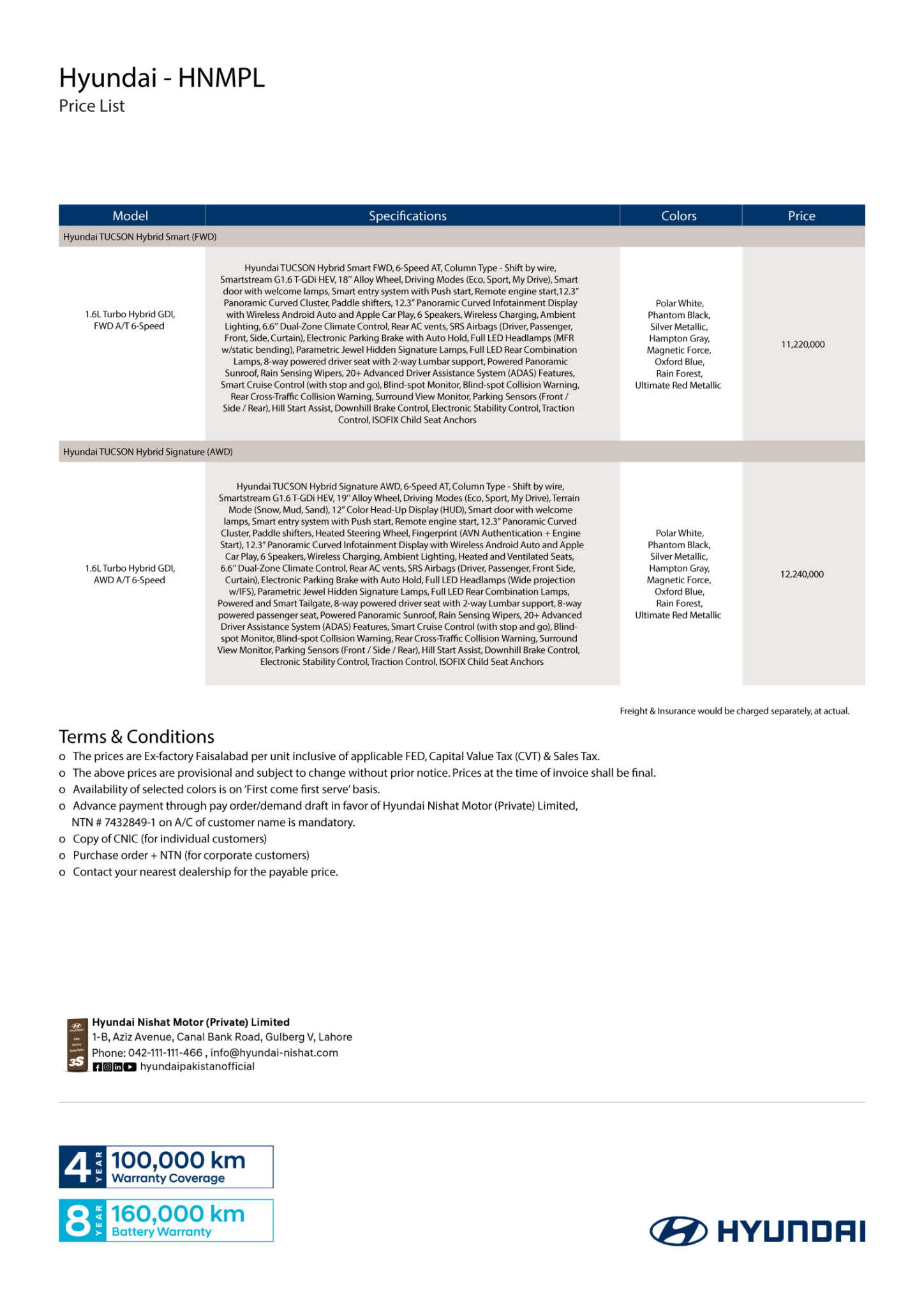 TUCSON HYBRID Price List